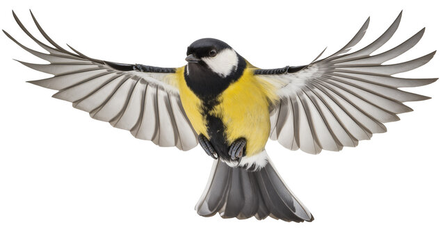 Great Tit bird in flight with wings spread wide