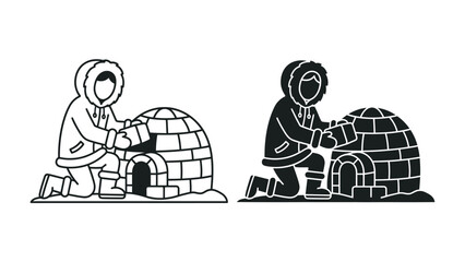 Building an Arctic Home: An illustration depicts an individual in a fur-hooded parka constructing an igloo, showcasing traditional Arctic shelter building. © Hasib