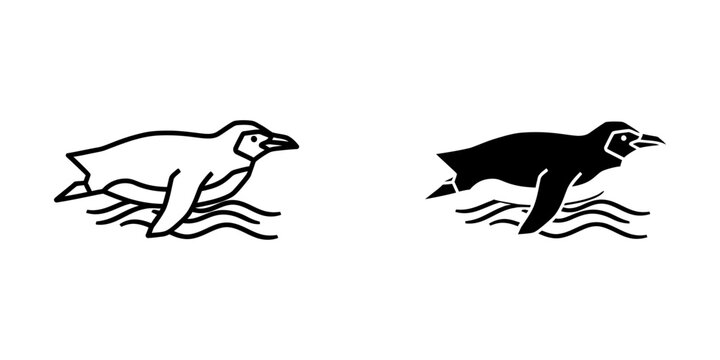 Swimming penguin silhouette and line art icon set with swimming wildlife silhouette flightless antarctic illustration minimalist waterfowl