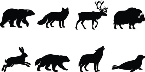 Obraz premium Arctic and Forest Wildlife Animal Silhouette Vector Set with Bear Wolf Caribou Bison and Seal