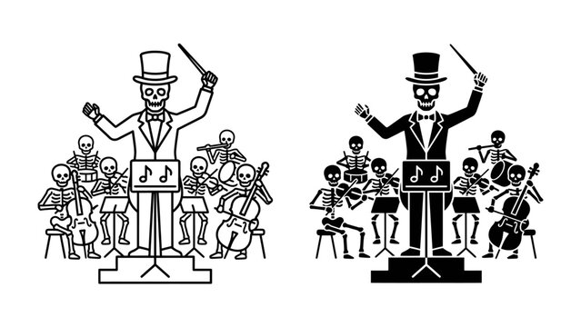 Skeleton Orchestra Conducting: A spooky yet whimsical skeleton conductor, adorned in a top hat and tuxedo, leads an ensemble of skeleton musicians playing various instruments.