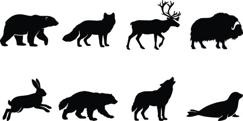 Obraz premium Arctic Wildlife Animal Silhouette Vector Set with Polar Bear Wolf Caribou Musk Ox and Seal