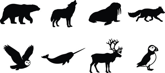 Arctic and Northern Wildlife Black Silhouette Collection Featuring Bear Wolf Walrus Fox Owl Narwhal Moose and Puffin © MdAzizulHaque