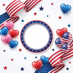 Obraz premium Patriotic USA Independence Day Frame with American Flag Ribbons and Star Balloons
