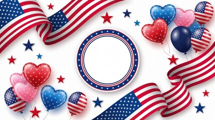Obraz premium 4th of July Independence Day Patriotic Frame with American Flags and Heart Shaped Balloons