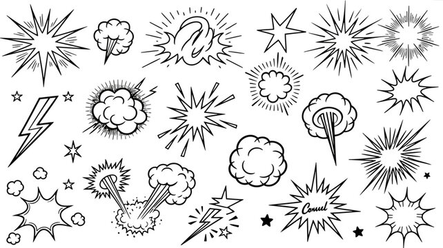 Black and White Comic Book Style Explosions Stars and Clouds Collection burst boom