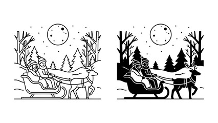 Christmas Eve Delivery: A classic winter scene featuring Santa Claus and reindeer pulling a sleigh through a snowy landscape under a full moon, capturing the magic of Christmas Eve. © Hasib