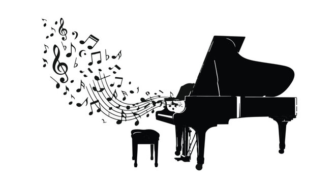 Grand piano with cascading musical notes flowing from its keys creates a rhythmic visual melody that celebrates the beauty of classical performance art and artistic expression in this design.