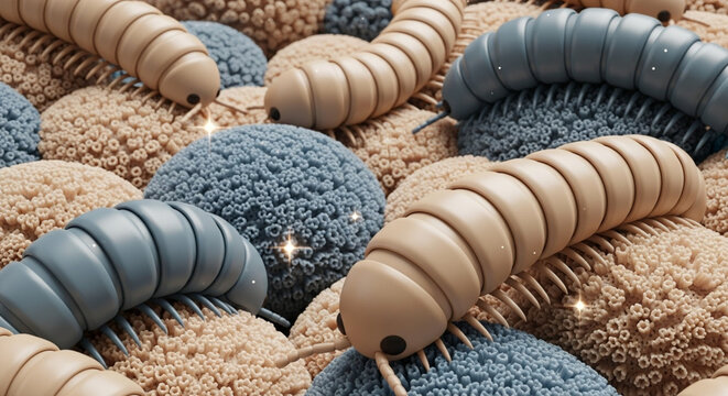 Close up of microscopic pill bugs in detailed texture.