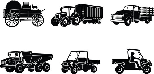 Farm and Utility Vehicle Silhouette Collection with Wagons Tractors Trucks and Dump Vehicles © MdAzizulHaque