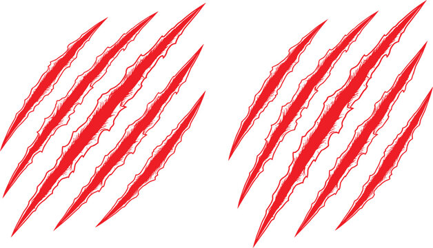 Red claw scratch marks vector icon set showing fierce monster tiger bear or wild animal slash gashes