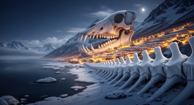 Giant dragon skeleton on snowy shoreline under bright moonlight.