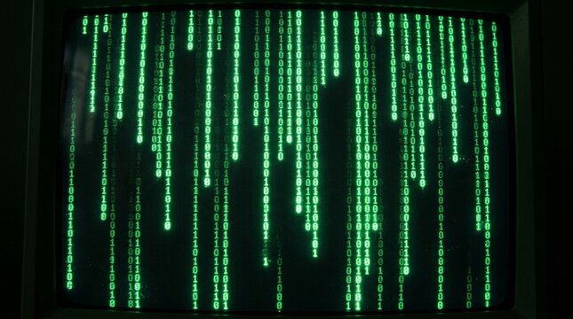 Binary Code Rain on Screen, Green Digital Data Stream Technology Background
