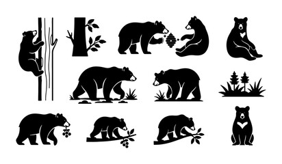 Fototapeta premium Black Bear Vector Icons Set, Wildlife Animal Silhouettes for Nature and Forest Themes, Graphic Elements for Design