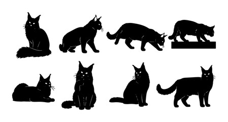 Black Cat Silhouettes Vector Pack: Eight Diverse Poses of Domestic Felines, Elegant and Mysterious Animal Graphics for Pet Lovers and Halloween Designs © Affan