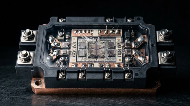 IGBT Power Module Close-Up, High Current Semiconductor Component on Dark Background