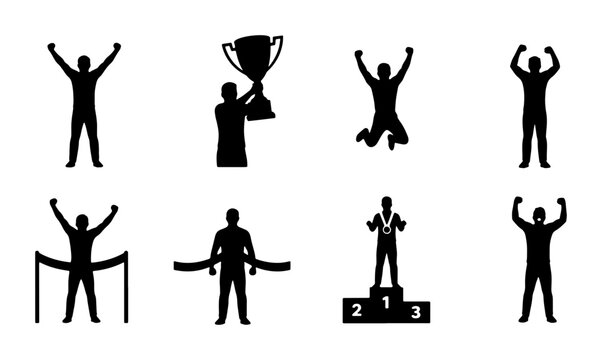 Victory Celebration Silhouettes, Award Trophy and Podium Icons, Success Achievement Vector Graphics, Sports Competition Winners Set