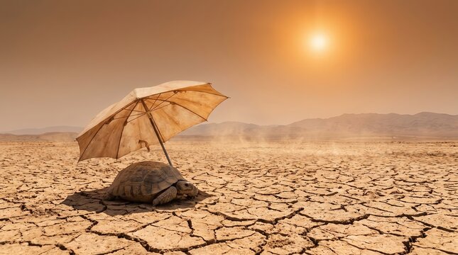 Extreme Heat Survival, Tortoise Shelter Under Umbrella on Dry Earth