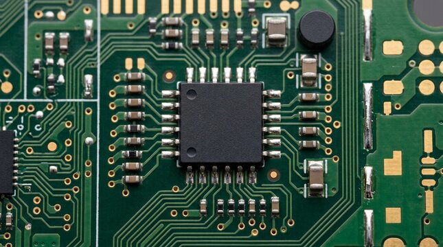Power Management IC PMIC Chip on Circuit Board, SMD Semiconductor Close-Up