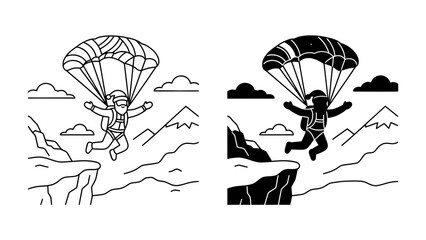Skydiving Adventure: A thrilling depiction of a skydiver leaping from a cliff edge, descending gracefully with an open parachute against a backdrop of mountains and clouds. © Mahbuba