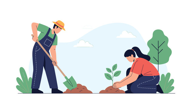 Man and woman working together in a garden to dig a hole and plant a new young tree sapling as part of an environmental sustainability project.