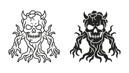 Terrifying Skull Creature: A sinister creature, depicted as a gnarled, skeletal figure with devilish horns and intertwining roots, stands as a symbol of horror and the supernatural. © Ajhar234