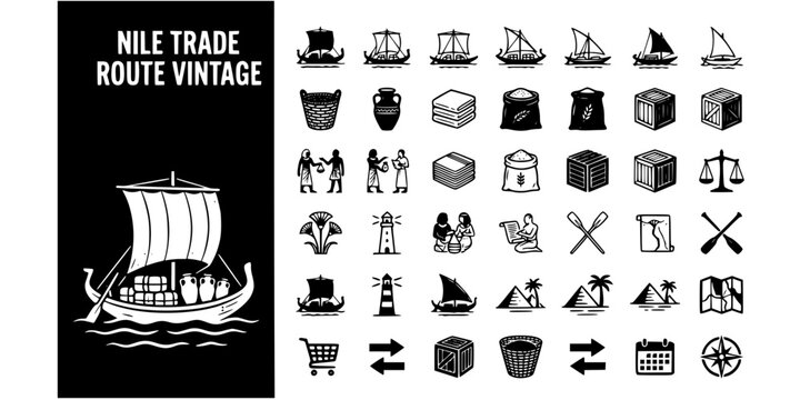 Nile Trade Route Vintage Black White-Merchant Barge Cargo Commerce Classic-Ancient Trade Vector-Trade Icon Vintage-Nile Egypt Design Set
