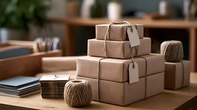 Stacked kraft wrapped packages tied with twine and attached tags sit on wooden surface beside rolls of string and stationery