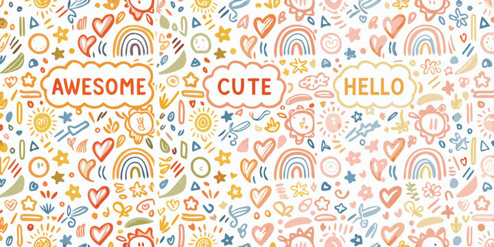 Colorful hand drawn doodle pattern with rainbows hearts and lettering