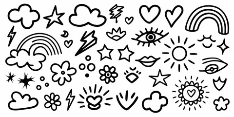 Collection Of Black Line Art Doodle Icons On A White Background © Shahabuddin