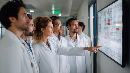 Fototapeta premium Medical researchers discuss patient charts on a wall mounted digital screen.