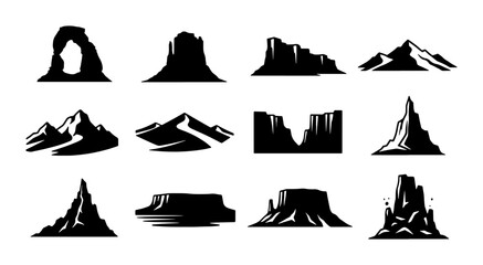 Fototapeta premium Vector Icons of Diverse Mountain Ranges and Rock Formations, Silhouette Landscapes for Outdoor Adventure and Travel Graphics