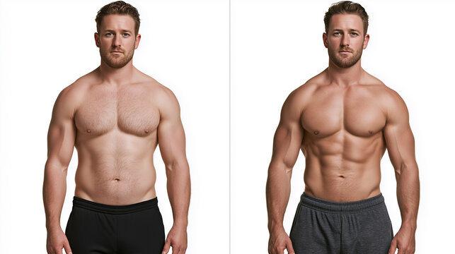 A fit man proudly displays his impressive body transformation, demonstrating significant muscle gain and enhanced definition against a clean white background.