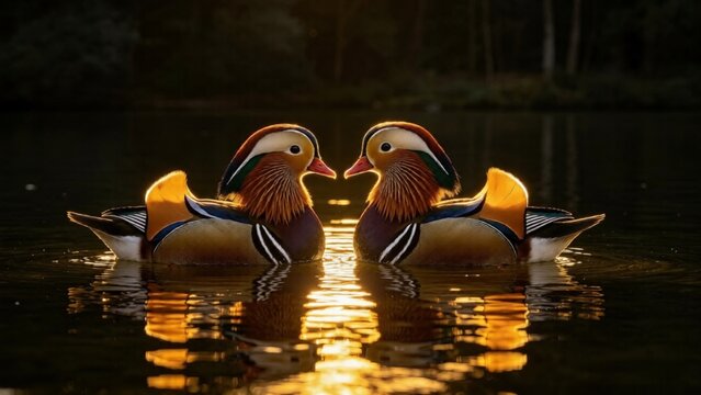 Pair of Colorful Mandarin Ducks Facing Each Other on Lake at Golden Sunset
