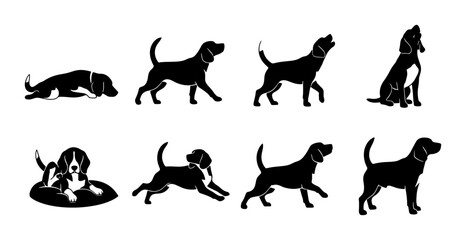 Fototapeta premium Beagle Dog Silhouette Collection, Canine Life Stages Vector Set, Puppy to Adult Poses, Black and White Animal Graphics
