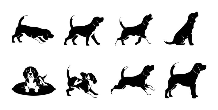 Beagle Dog Silhouette Collection: Dynamic Poses, Playful Actions, and Resting Moments, Vector Graphics for Pet Lovers and Animal Graphics