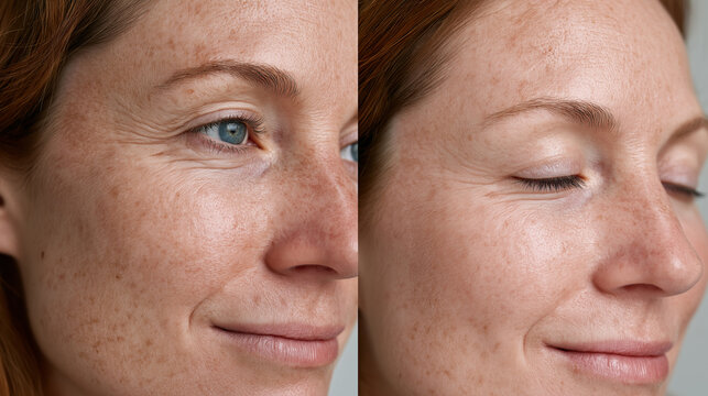 A compelling before and after close-up of a woman's profile, showcasing remarkable reduction of wrinkles and freckles around the eye area, revealing a smoother, rejuvenated look.