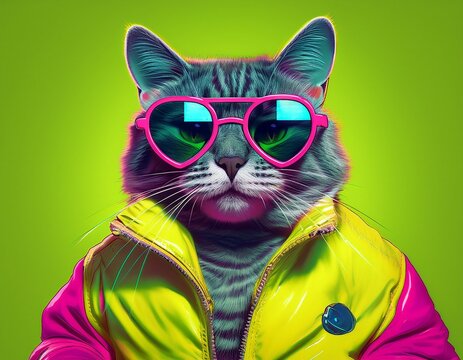 anthropomorphic cat in vibrant streetwear striking a disco pose wearing heart shaped sunglasses and a neon windbreaker against a lime green background pop art style