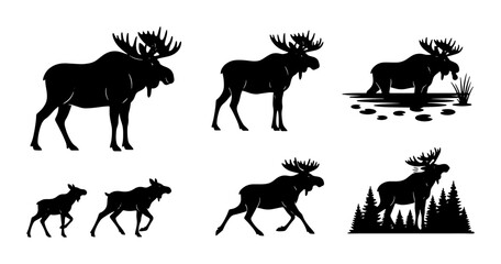 Naklejka premium Moose Silhouette Vector Icons Set, Wildlife Animal Graphics, Forest Nature Elements, Majestic Creature Illustrations for Outdoor Themes