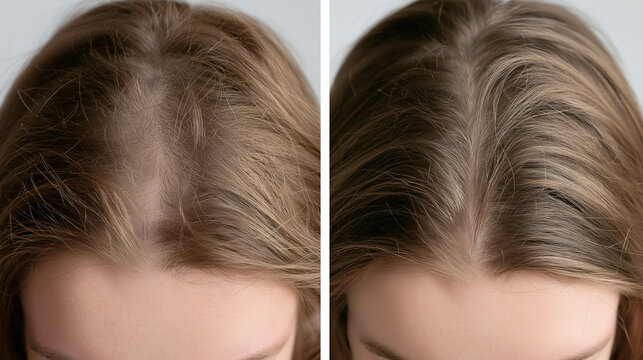 A split image focuses on a woman's scalp, showing thinning hair before and a fuller appearance after hair treatment.