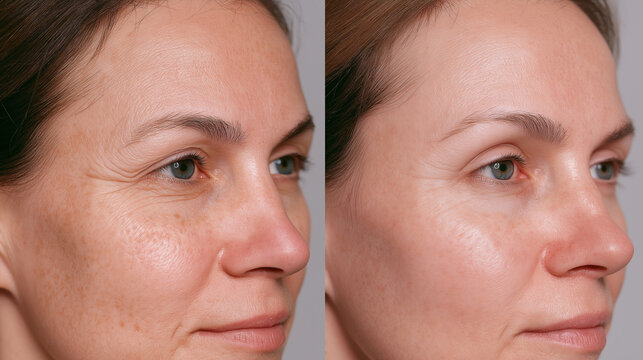 A split image compares a woman's mature skin before and after treatment, revealing diminished wrinkles and improved texture.