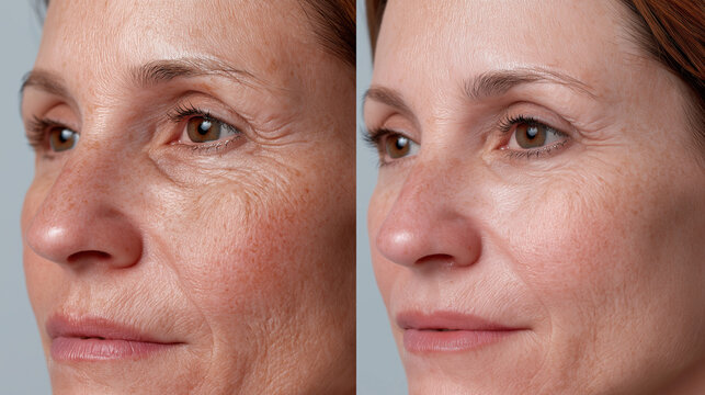 A split image shows an older woman's face before and after treatment, demonstrating a reduction in wrinkles and age spots for a more vibrant look.