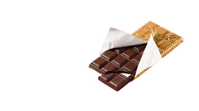 Chocolate bar with gold foil wrapper partially unwrapped on transparent background