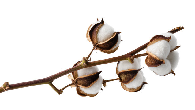 Cotton bolls on branch with open pods and fluffy white fibers