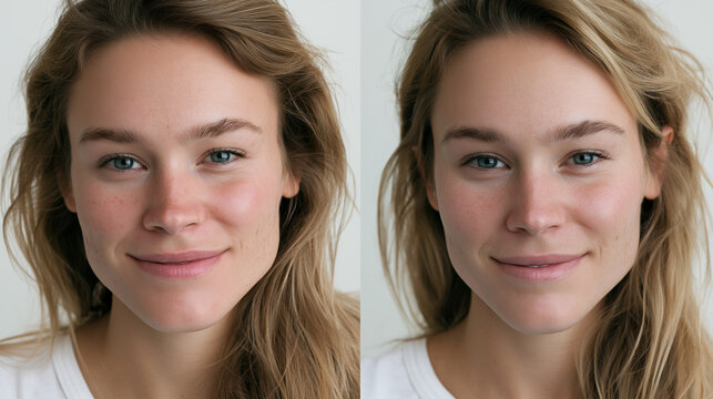 A side-by-side comparison shows a woman's face before and after skin retouching, highlighting smoother, clearer complexion with reduced imperfections.