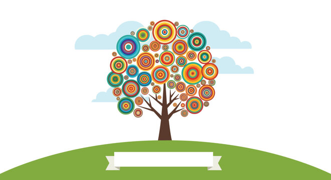 Stylized tree of life with colorful circular patterned leaves on a green hill with clouds and blank banner for text on a white background.