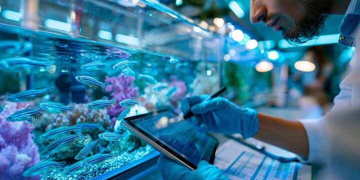 Scientist examining zebrafish in an aquarium using a digital tablet for detailed scientific research and data.