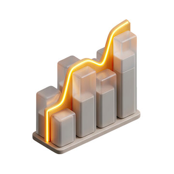 3D bar chart with glowing line isolated on transparent background