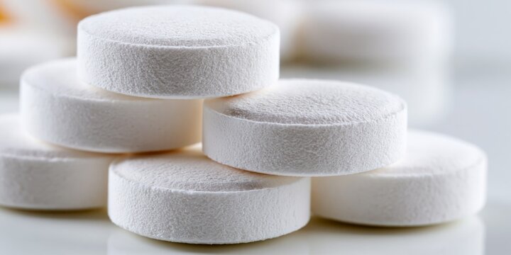 Close-up of white round medication pills stacked on a clean white surface with soft lighting and shallow depth of field.