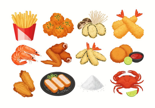 Collection of various Asian fried appetizers including ebi tempura, chicken wings, french fries, tonkatsu, fried shrimp, crab, mushrooms, and croquettes isolated on a white background.